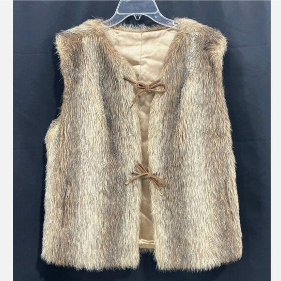 Vintage Cheyenne Faux Coyote Fur Vest Brown Tan Tie Front Oversized Women OS - Picture 1 of 11